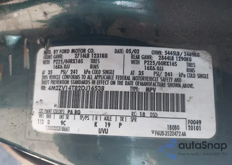 2002 Mercury Villager Estate из США, поврежденный, VIN 4M2ZV14T82DJ16538